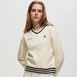 Adidas Original x Sporty & Rich V-Neck Sweatshirt Cream Navy IN5247 Womens L